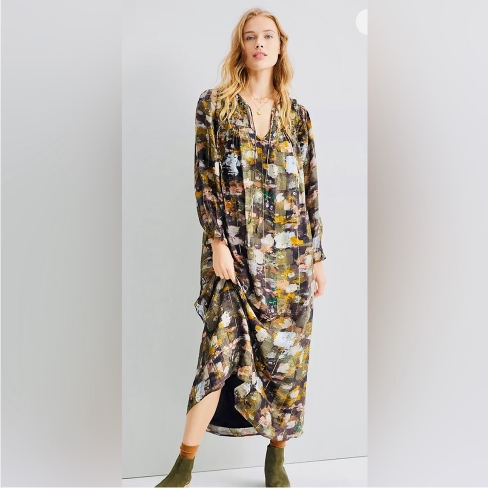 Anthropologie Blair Shimmer Maxi Dress Long Sleeve Gold Klimt Size XS - Picture 9 of 12
